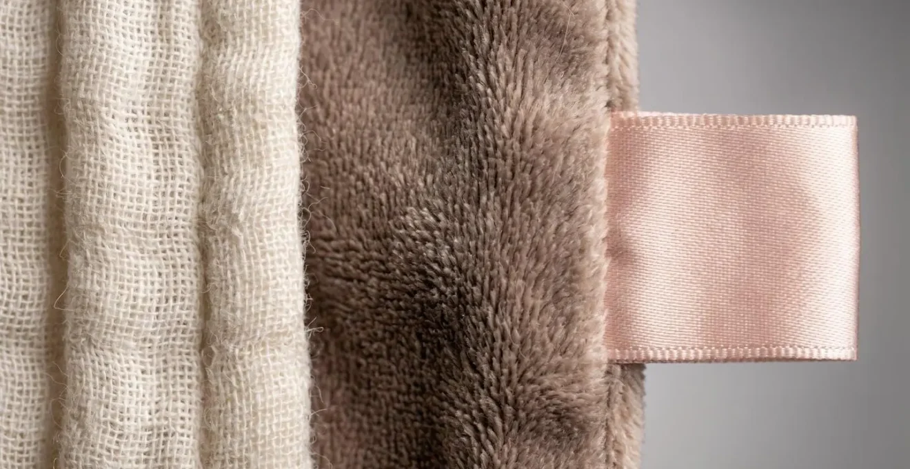 Vue macro détaillée de différentes textures textiles d'un doudou : gaze de coton, velours et étiquettes en satin