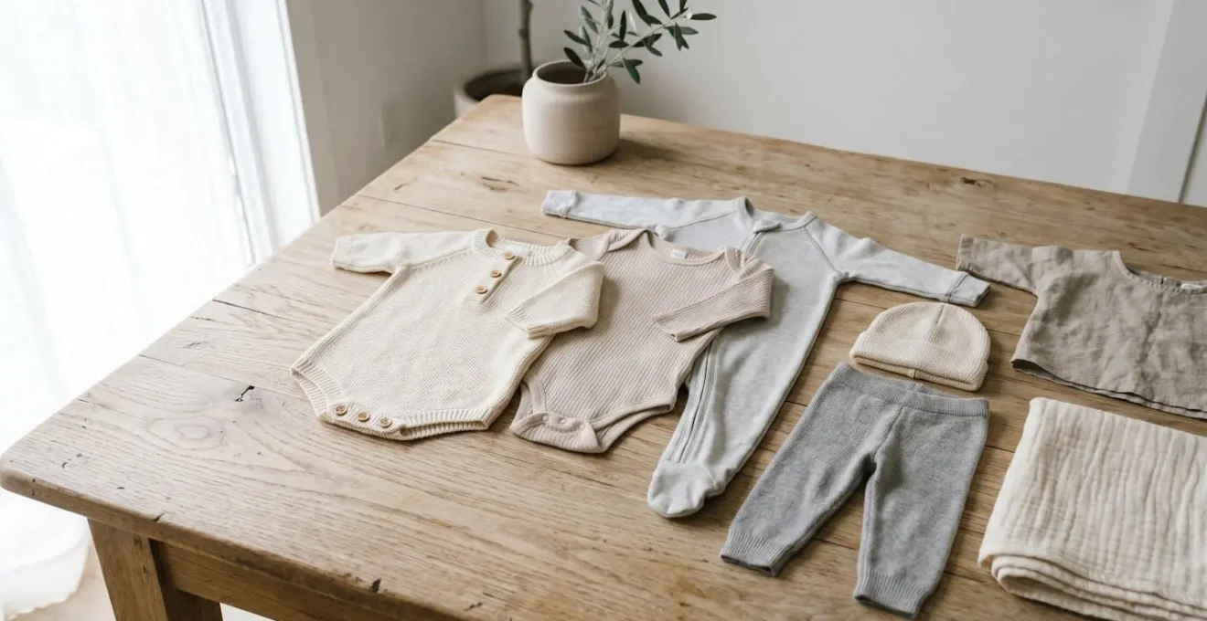 Vêtements pour bébé dans une approche minimaliste mettant en valeur les pièces évolutives et durables