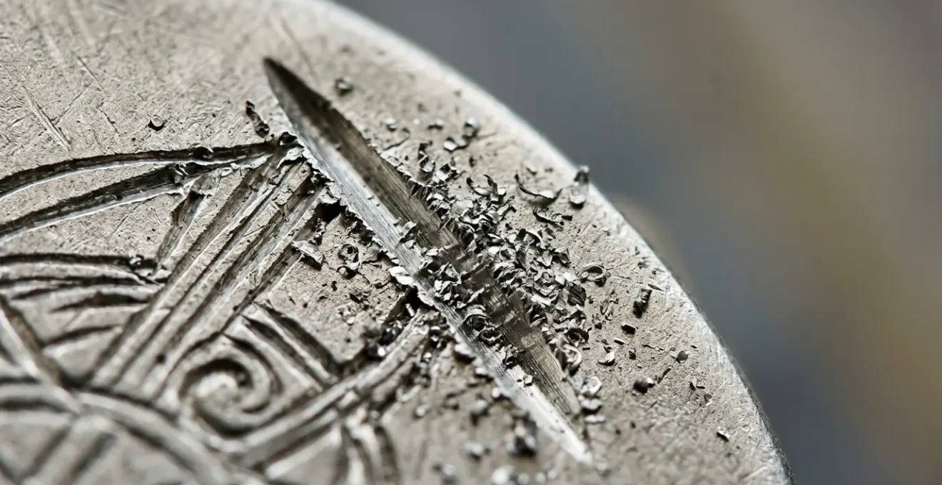 Gros plan artistique d'un bijou en argent massif avec gravure personnalisée reflétant la lumière