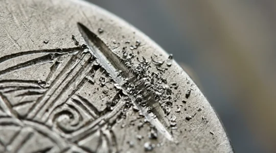 Gros plan artistique d'un bijou en argent massif avec gravure personnalisée reflétant la lumière