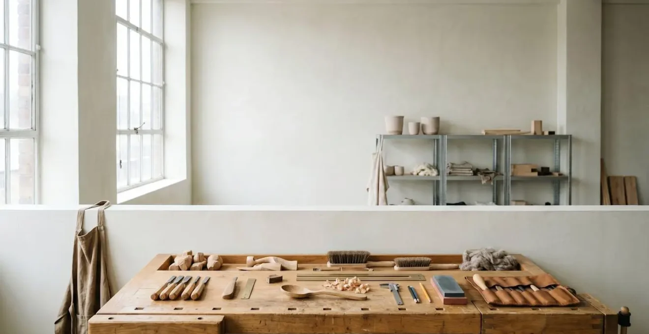 Atelier d'artisan en lumière naturelle évoquant la transmission d'un savoir-faire exclusif