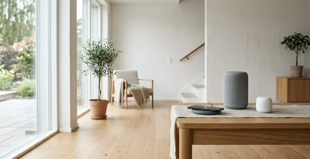 Composition minimaliste d'objets connectés modernes dans un environnement épuré illustrant la simplicité technologique