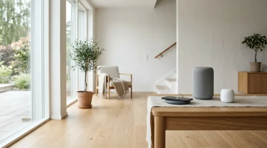 Composition minimaliste d'objets connectés modernes dans un environnement épuré illustrant la simplicité technologique
