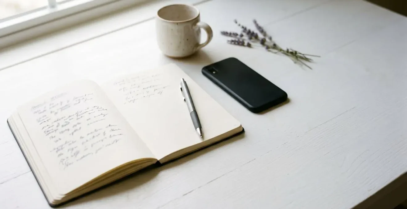 Carnet ouvert avec notes manuscrites et objets évoquant la veille passive d'idées cadeaux