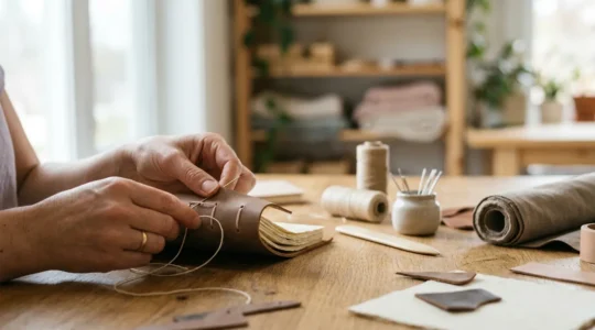 Mains créant une œuvre artisanale avec des matériaux de qualité sur une table lumineuse