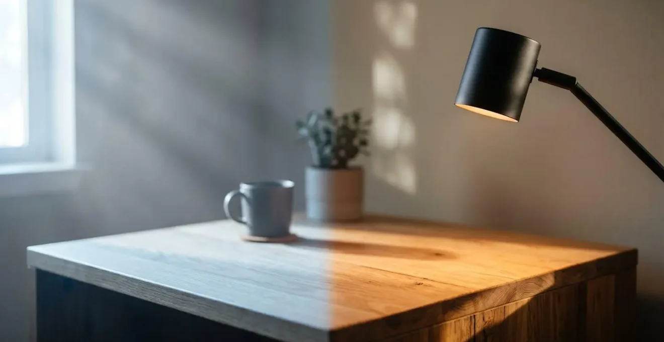 Détails subtils de lumière naturelle filtrant à travers un espace de travail minimaliste