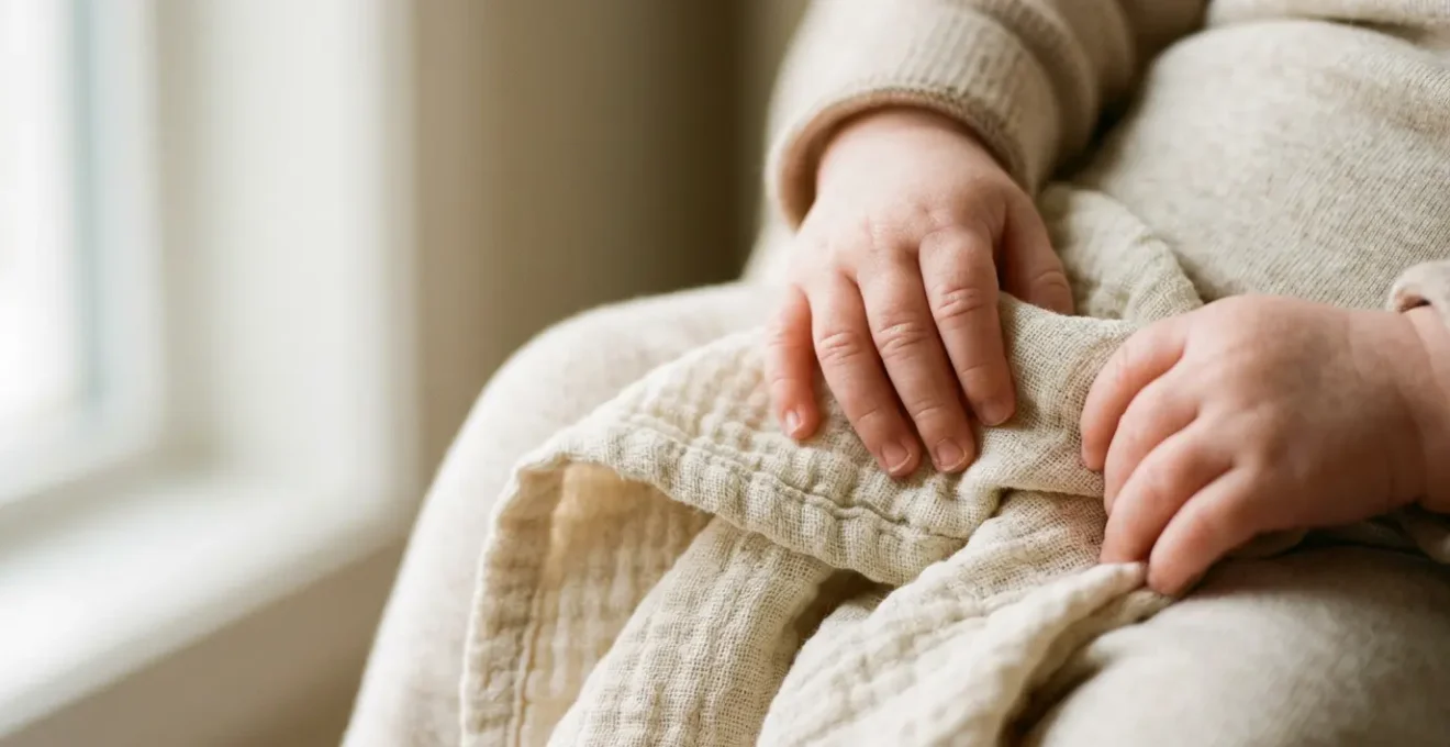 Gros plan des mains d'un bébé tenant tendrement un doudou en textile doux et naturel