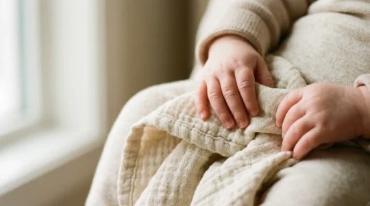 Gros plan des mains d'un bébé tenant tendrement un doudou en textile doux et naturel