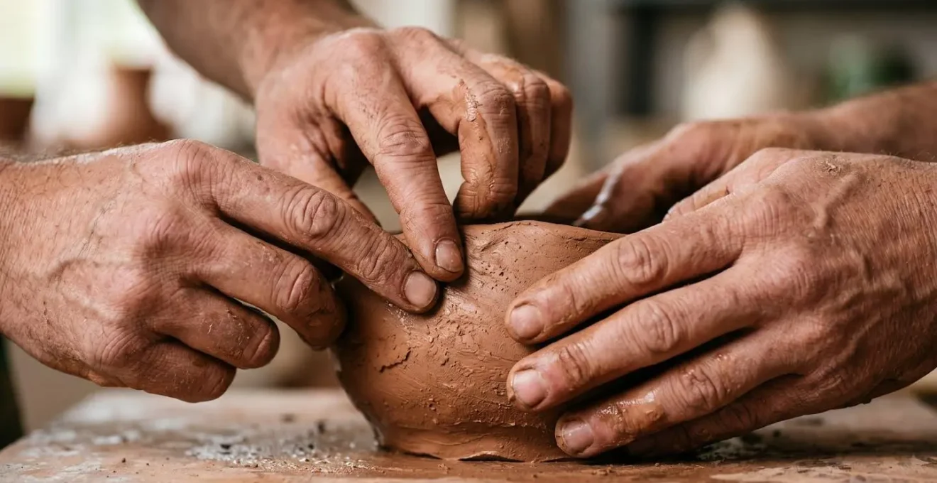 Gros plan sur des mains travaillant ensemble une matière artisanale