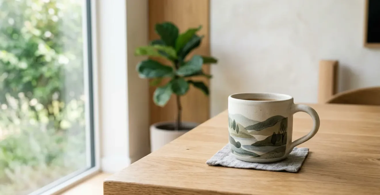 Mug en céramique premium avec photo artistique dans un intérieur design minimaliste