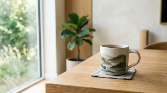 Mug en céramique premium avec photo artistique dans un intérieur design minimaliste