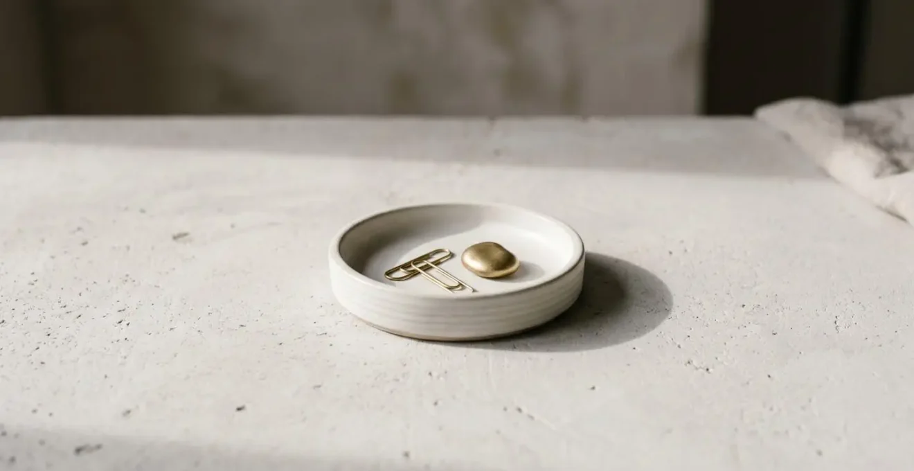 Petit objet décoratif multifonctionnel posé sur une surface épurée avec espace négatif