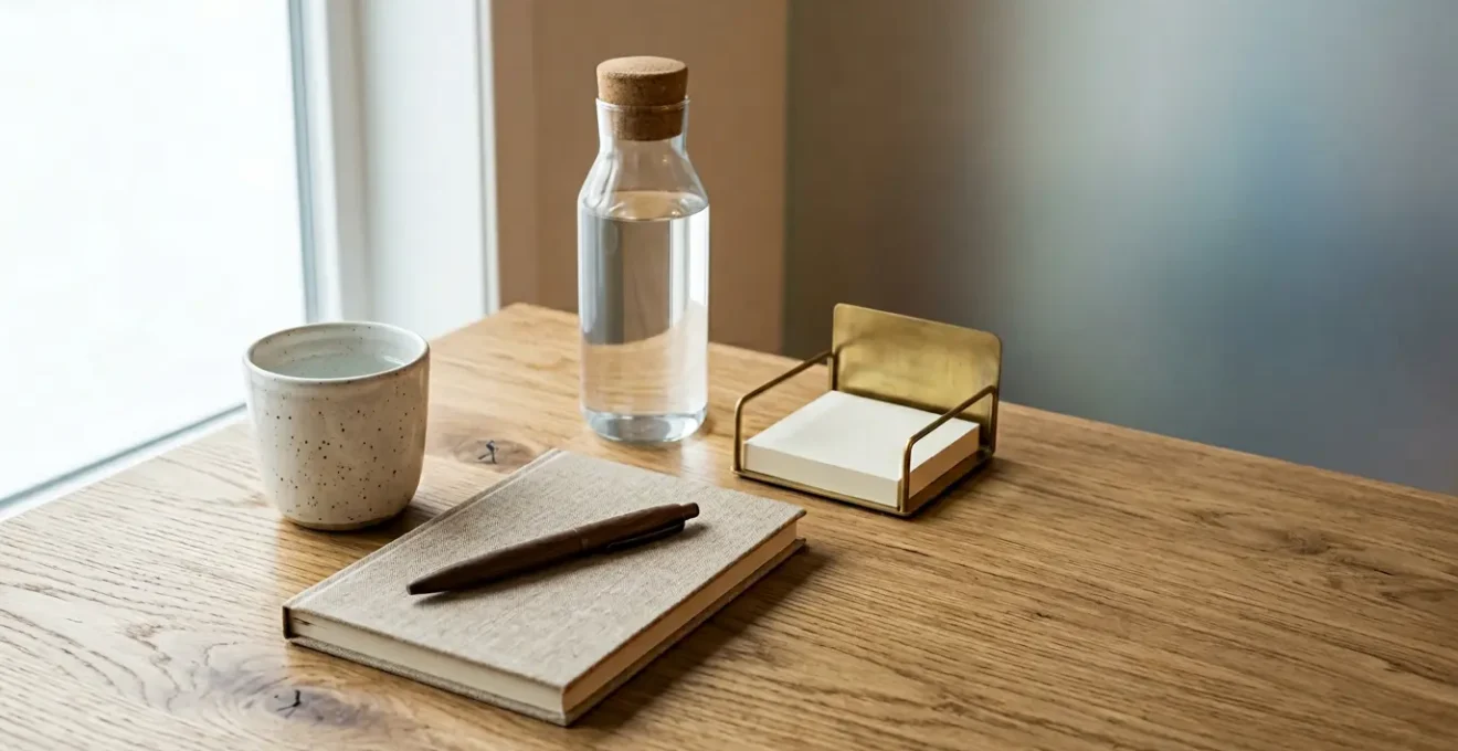 Scène minimaliste d'objets du quotidien fonctionnels et esthétiques disposés avec soin