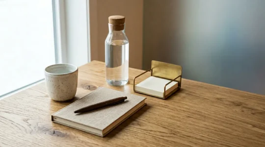 Scène minimaliste d'objets du quotidien fonctionnels et esthétiques disposés avec soin