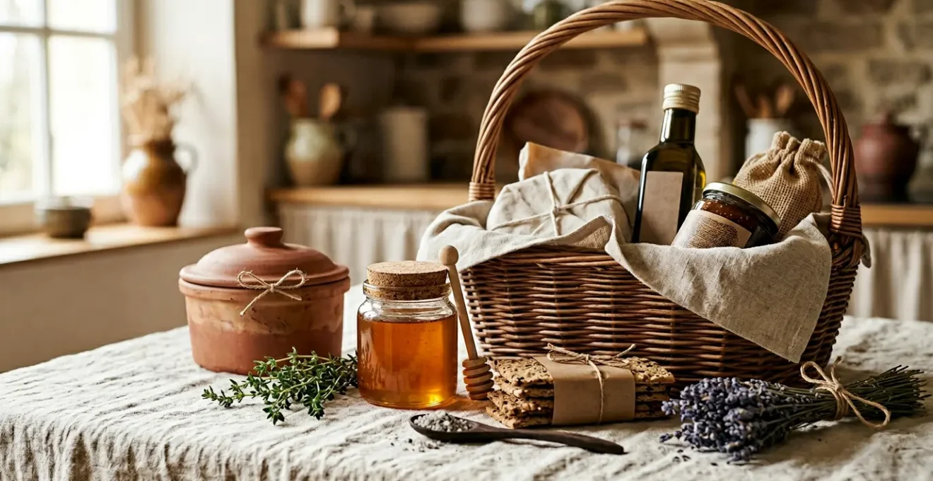 Composition artisanale d'un panier garni gastronomique avec produits du terroir français présentés de manière raffinée