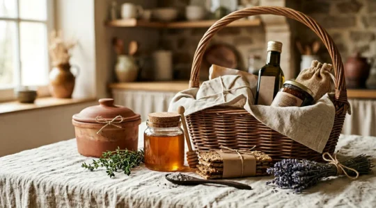 Composition artisanale d'un panier garni gastronomique avec produits du terroir français présentés de manière raffinée