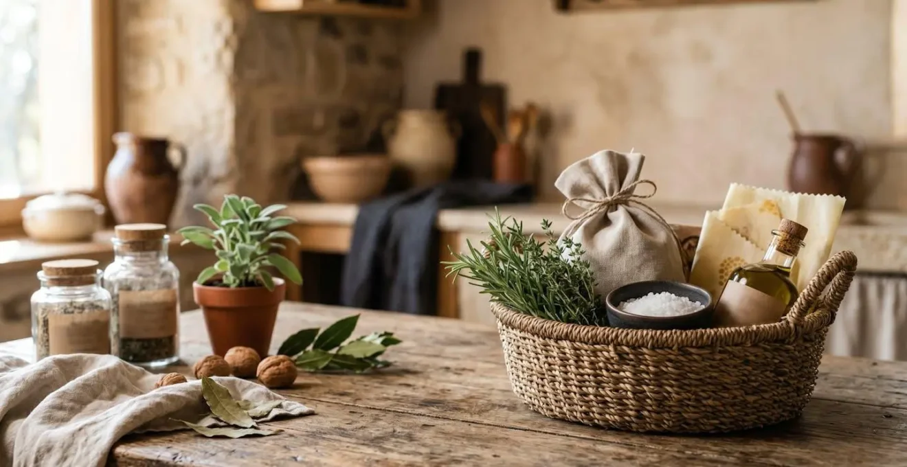 Panier garni artisanal avec produits du terroir disposés harmonieusement