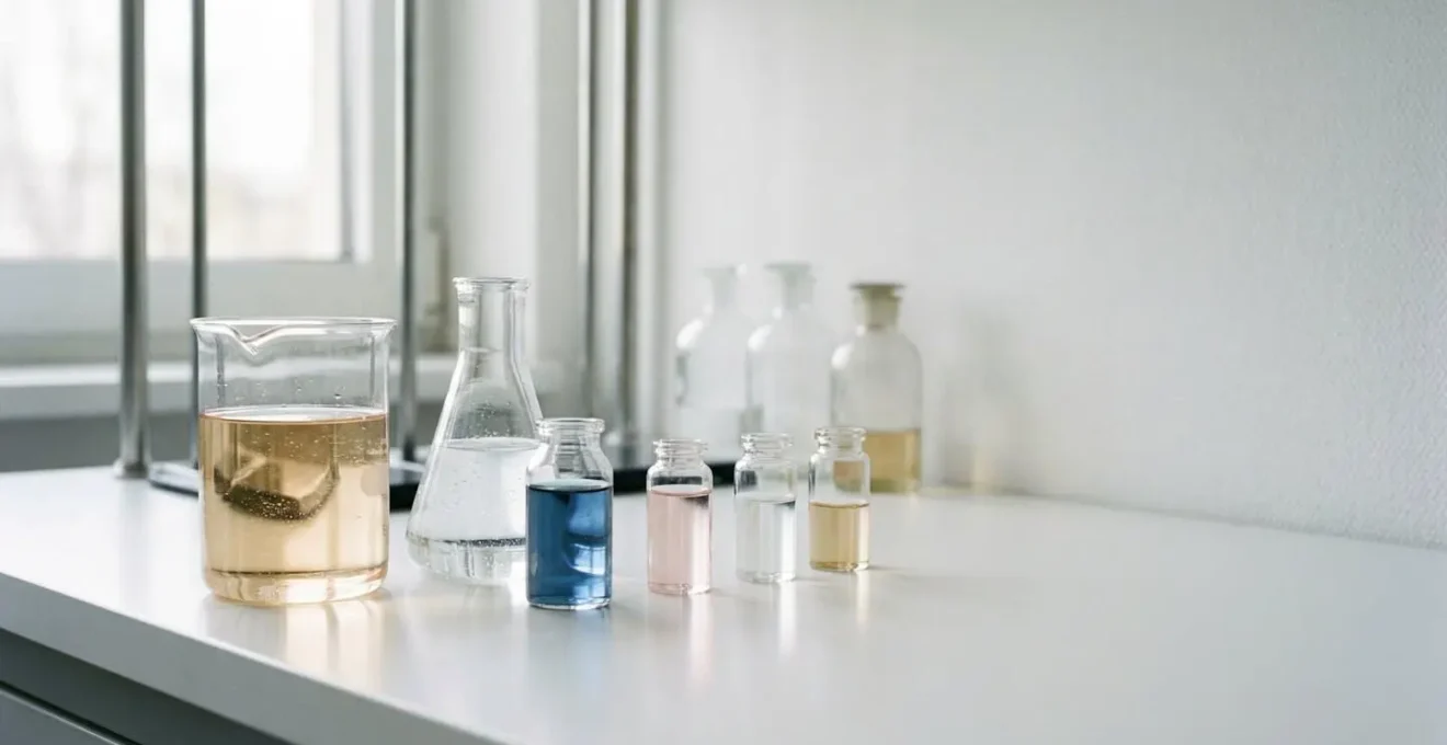 Composition minimaliste et éditoriale évoquant l'analyse critique des formulations cosmétiques de luxe