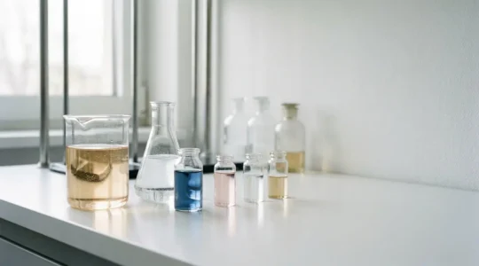 Composition minimaliste et éditoriale évoquant l'analyse critique des formulations cosmétiques de luxe
