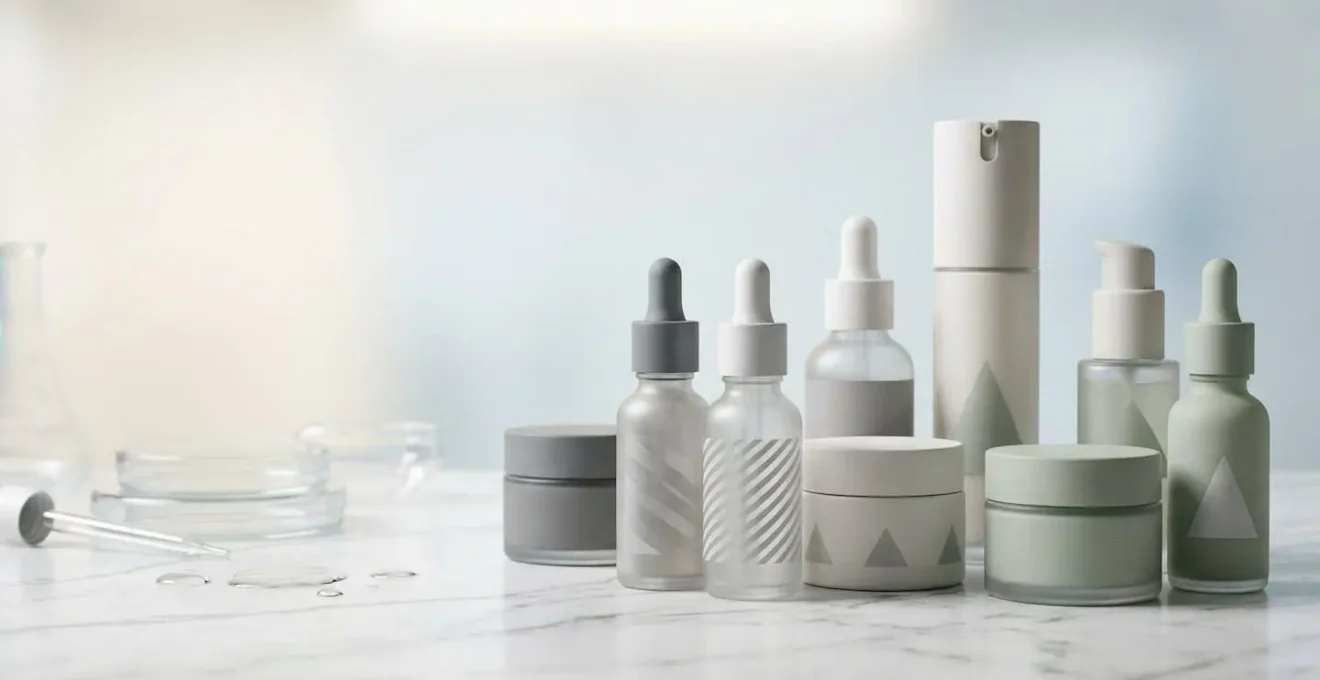 Composition éditoriale de produits techniques de soins dermatologiques avec textures scientifiques et ambiance laboratoire professionnelle