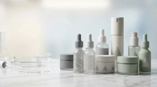 Composition éditoriale de produits techniques de soins dermatologiques avec textures scientifiques et ambiance laboratoire professionnelle