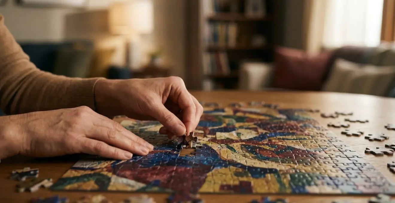 Gros plan sur des pièces de puzzle artistique disposées avec soin