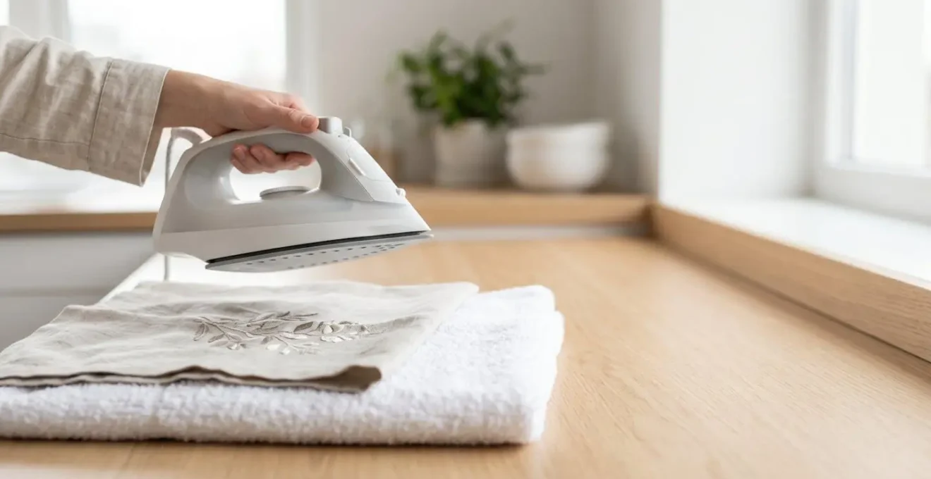 Scène minimaliste montrant la technique de repassage d'un textile brodé sur une serviette éponge pour préserver le relief