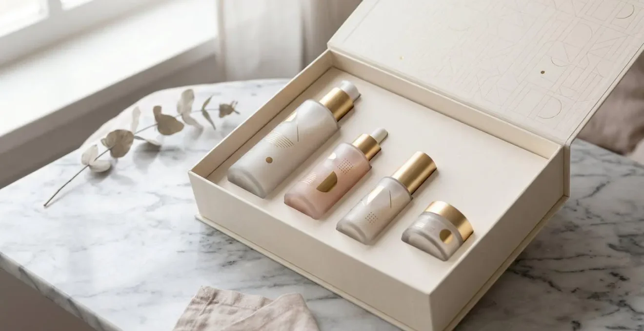 Composition elegante de produits de soins visage dans un coffret cadeau