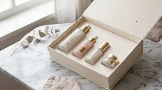 Composition elegante de produits de soins visage dans un coffret cadeau