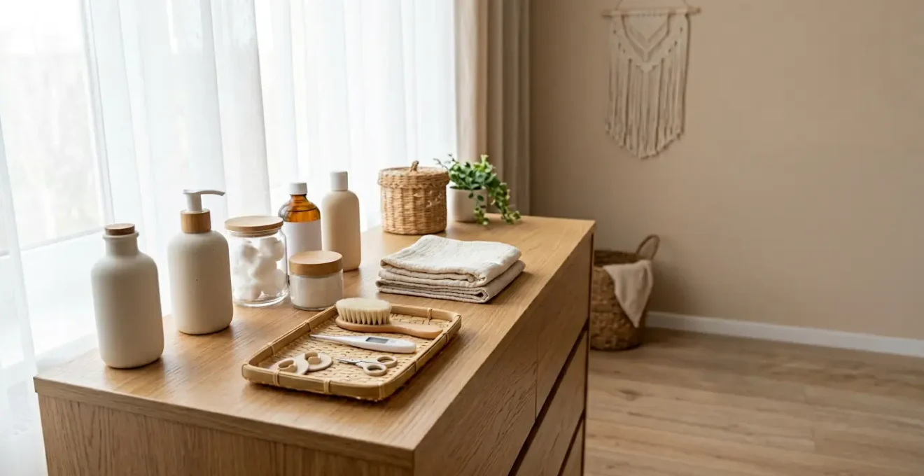 Environnement de soin pour nourrisson avec produits certifiés et équipements de sécurité disposés harmonieusement