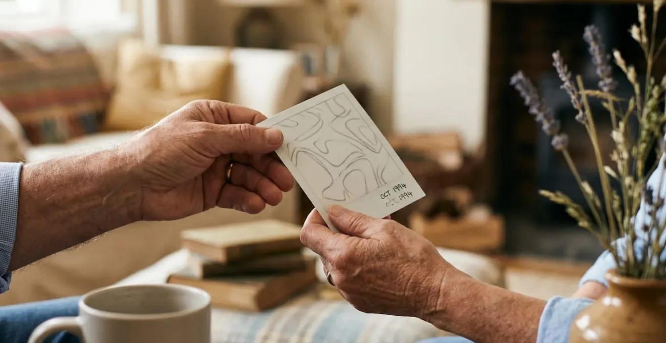 Moment de qualité capturé : mains entrelacées et objets symboliques de souvenirs partagés