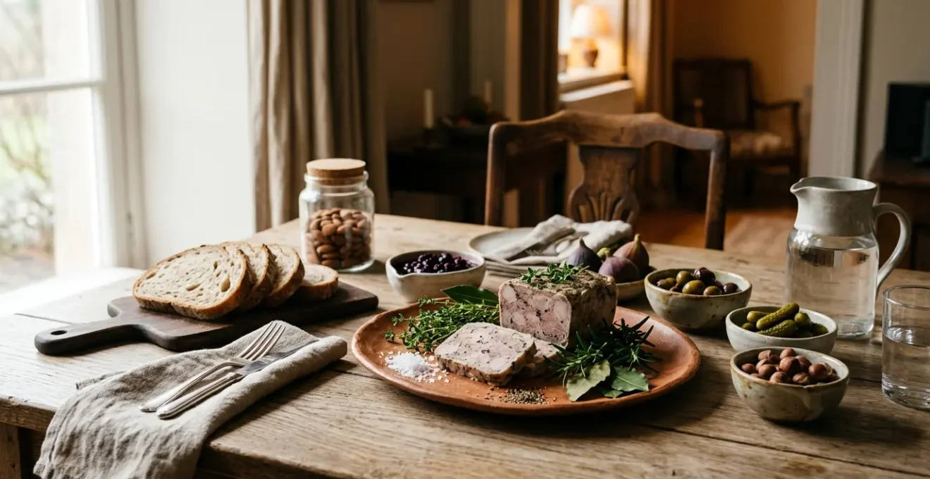 Table de fête raffinée avec produits gastronomiques d'exception disposés harmonieusement
