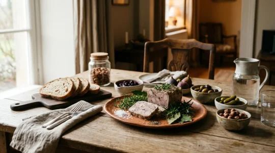 Table de fête raffinée avec produits gastronomiques d'exception disposés harmonieusement