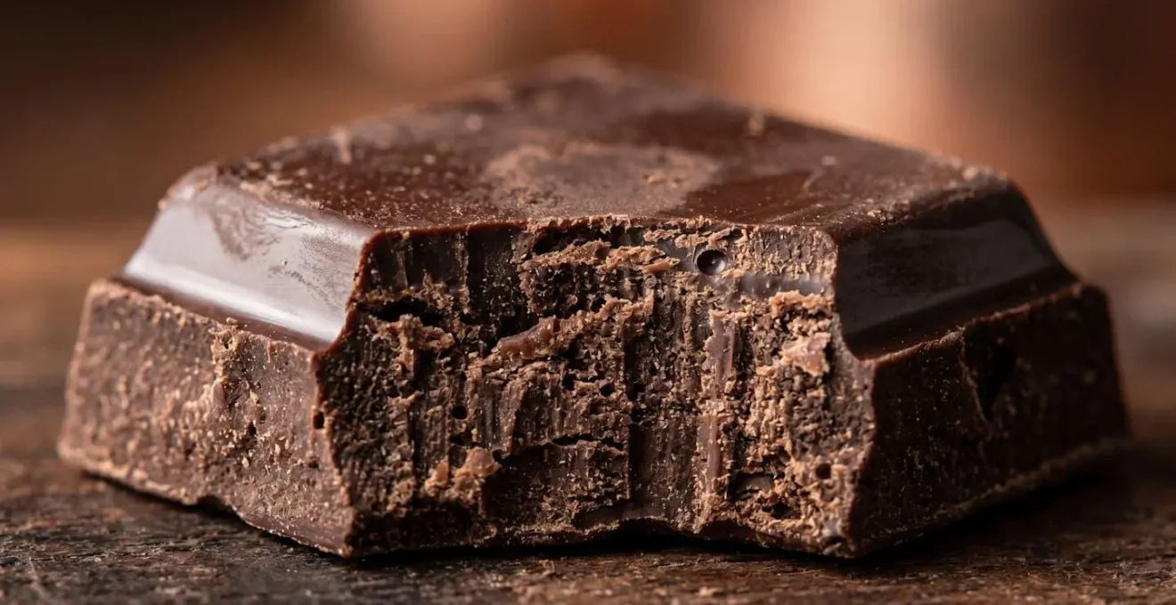 Détails macro d'un carré de chocolat artisanal révélant sa texture fine