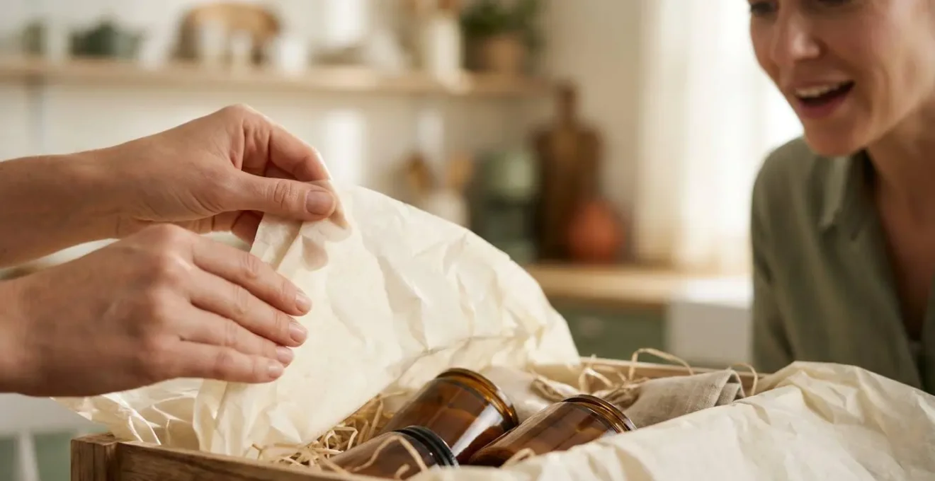 Scénarisation du déballage d'un panier gourmand avec couches de papier de soie et pochons numérotés