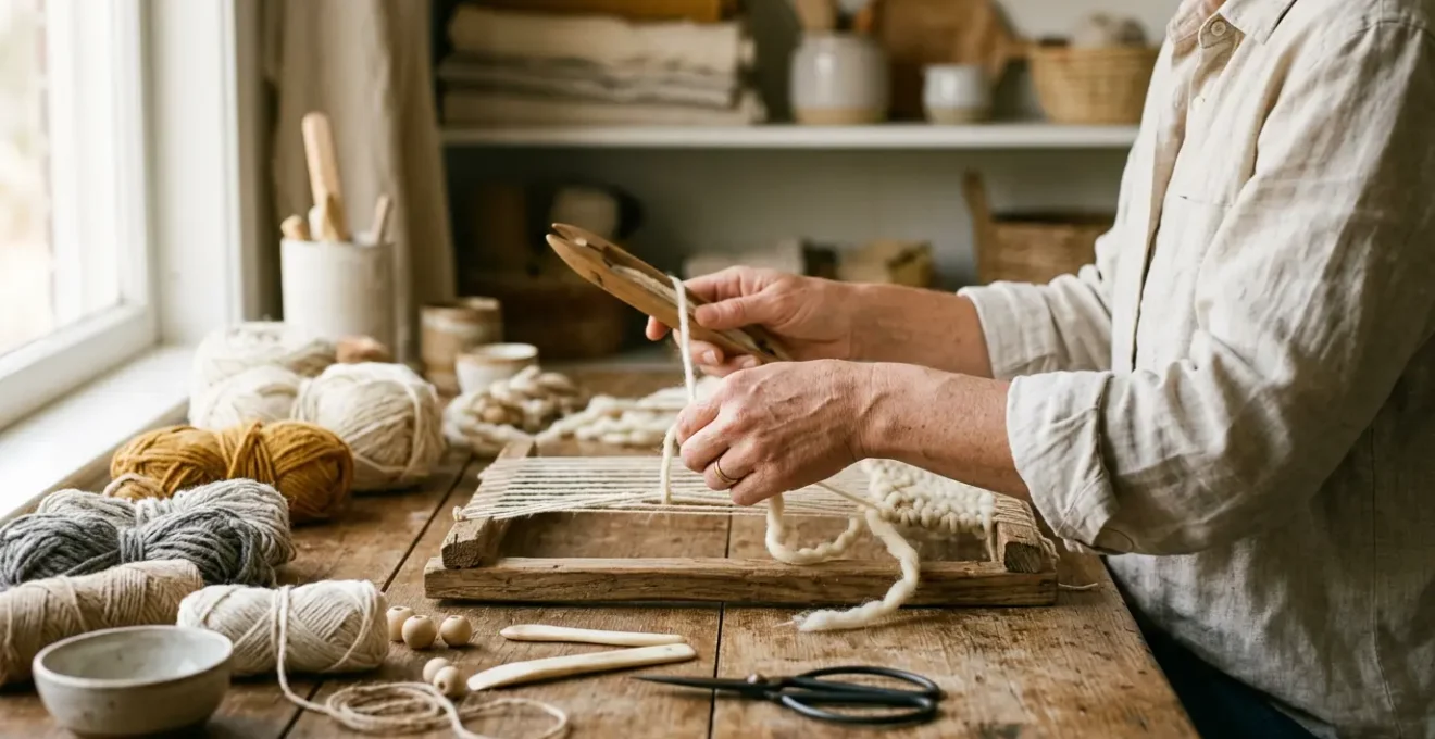 Des mains créatrices travaillant sur un projet artisanal fait maison avec des outils et matériaux naturels