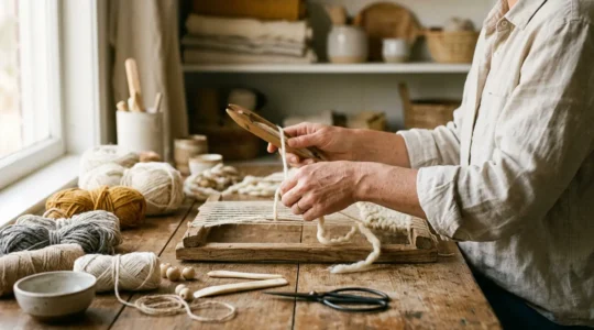 Des mains créatrices travaillant sur un projet artisanal fait maison avec des outils et matériaux naturels