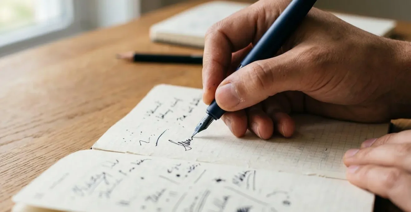 Vue rapprochée d'une main écrivant dans un planner papier avec un stylo élégant