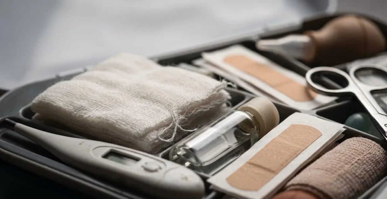 Trousse de premiers secours pour bébé ouverte montrant l'organisation méthodique des produits essentiels
