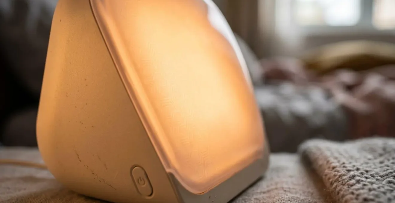 Gros plan sur un réveil simulateur d'aube diffusant une lumière chaude progressive