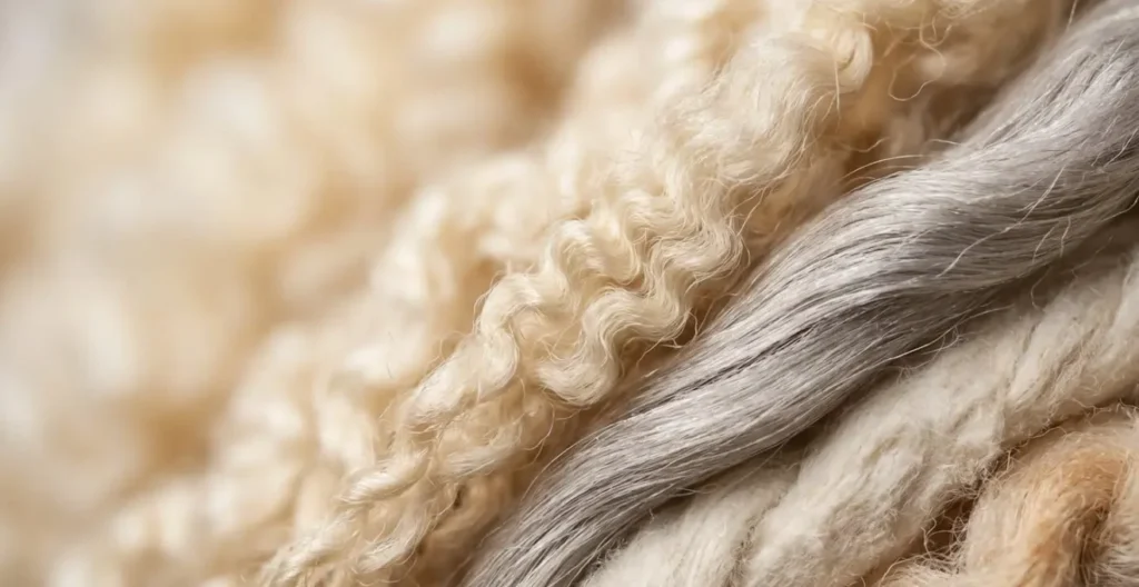 Macro détail de fibres de laine naturelles montrant la texture et la douceur des matériaux